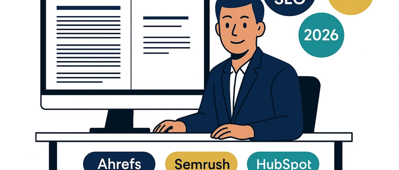 B2B content length SEO comparison: long-form vs short-form content on split monitor, desk with professional in navy outfit