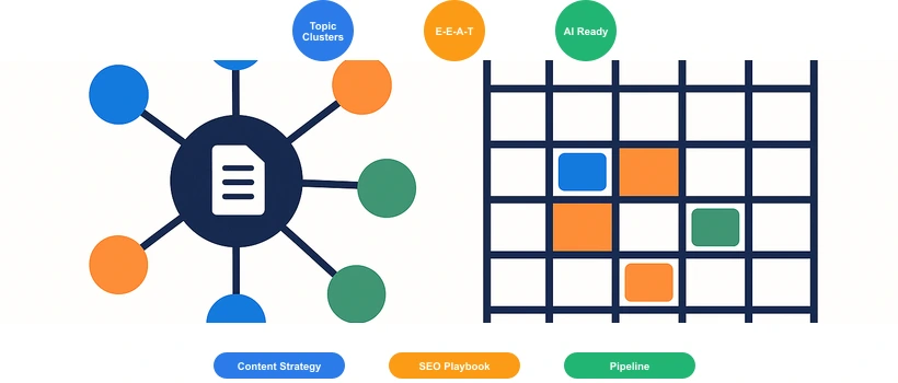 B2B content SEO playbook illustration showing topic cluster hub diagram and organic traffic bar chart