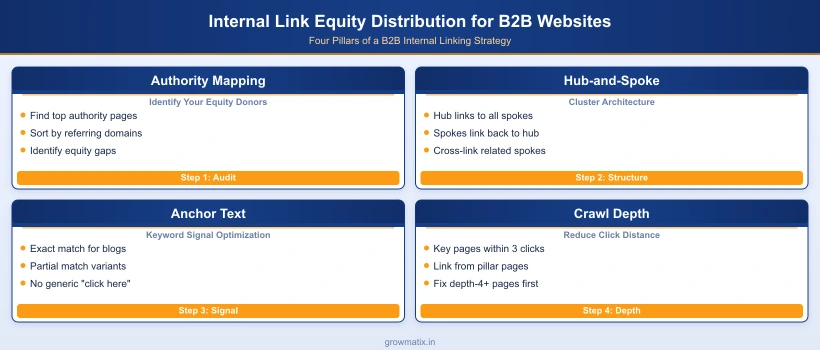 Link equity distribution framework for B2B websites: four key components including page authority mapping, hub-and-spoke architecture, anchor text signals, and crawl depth optimization
