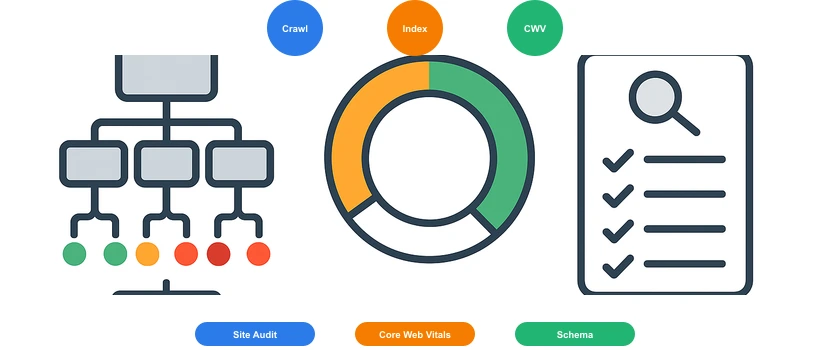 B2B technical SEO audit checklist illustration showing site score gauge bar chart and checklist