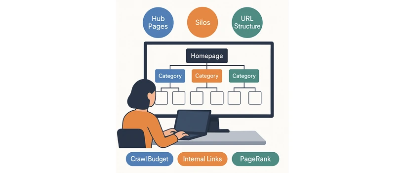B2B site architecture SEO illustration showing hub pages silos URL structure site hierarchy