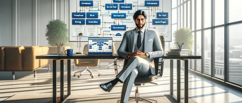 B2B strategist reviewing website silo structure and site architecture diagram on laptop -- SEO information architecture planning