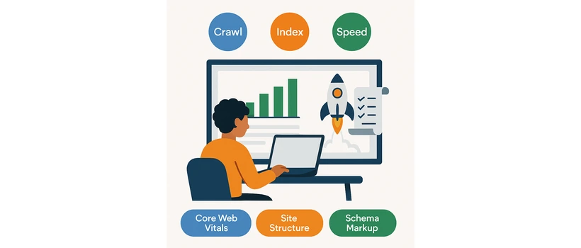 B2B technical SEO playbook illustration showing crawl index speed audit dashboard