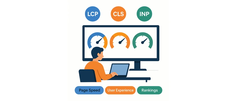 Core Web Vitals for B2B websites illustration showing LCP CLS INP speed gauges