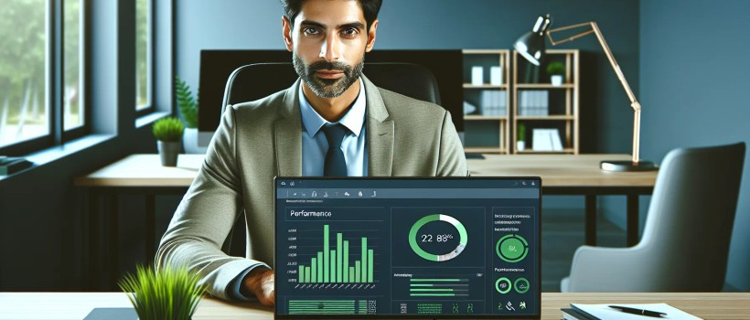 B2B marketing manager reviewing Core Web Vitals scores on laptop dashboard