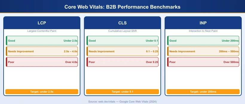 Core Web Vitals benchmarks for B2B websites: LCP good under 2.5s, CLS good under 0.1, INP good under 200ms with poor thresholds shown