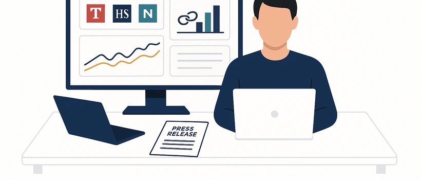 B2B marketing professional reviewing digital PR dashboard with media coverage and backlink metrics on monitor