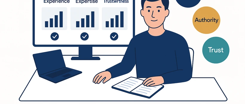 B2B marketing professional reviewing E-E-A-T authority dashboard with trust metrics on monitor