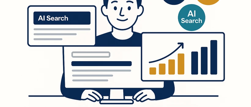 Generative engine optimization GEO illustration showing person at desk with AI search results dashboard for ChatGPT, Perplexity and Gemini
