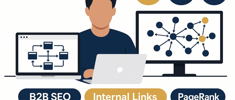Internal linking strategy for B2B websites: person at desk with website link architecture on screen