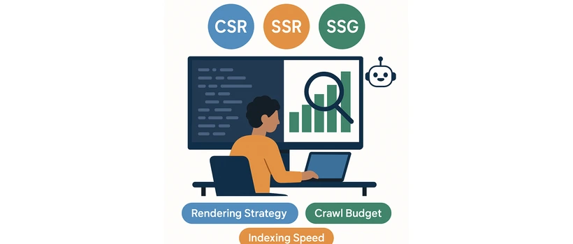 JavaScript SEO for B2B SaaS illustration showing CSR SSR SSG rendering strategy Googlebot
