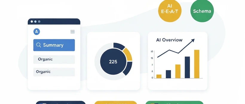 Google AI Overviews optimization strategy showing search results AI summary, citation score gauge, and traffic growth chart