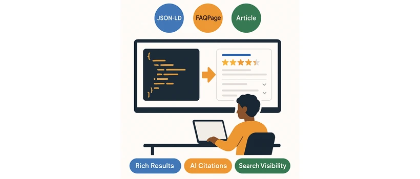 Schema markup strategy for B2B service pages illustration showing JSON-LD rich results FAQ schema