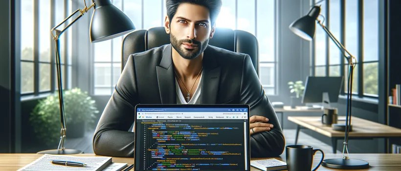 B2B SEO consultant reviewing schema markup structured data dashboard on laptop -- JSON-LD rich results implementation