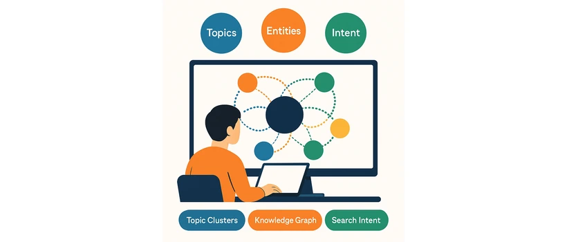Semantic SEO complete guide illustration showing topic clusters knowledge graph and search intent