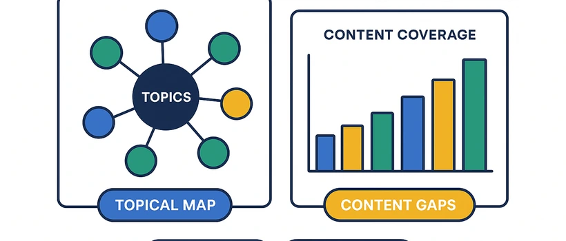 Topical authority strategy for B2B SEO showing topic cluster hub diagram and content coverage chart